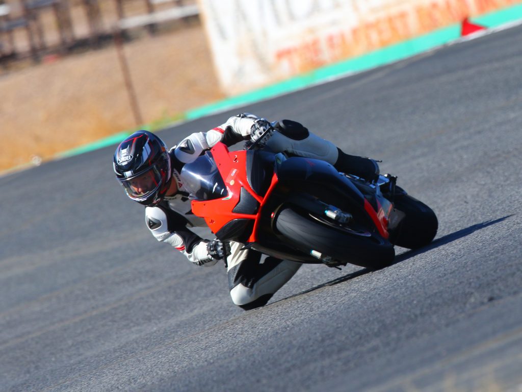 Shoei RF-1400 on motorcycle rider at track day